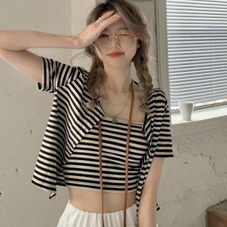 Set: Striped Cropped Camisole Top + Short-sleeve Open Front T-shirt Set Of 2 - Camisole Top & T-shirt - Stripe - Black & White - One Size