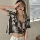 Set: Striped Cropped Camisole Top + Short-sleeve Open Front T-shirt Set Of 2 - Camisole Top & T-shirt - Stripe - Black & White - One Size