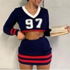 Set: V-neck Embroidery Crop Sweater + Striped Knit Skirt