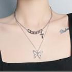 Cross & Butterfly Pendant Layered Necklace Silver - One Size