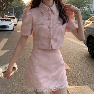Short-sleeve Tweed Button-up Cropped Jacket / Mini Skirt