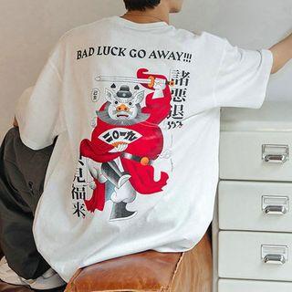 Cartoon Print Elbow-sleeve Lettering T-shirt