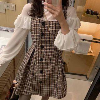 Ruffle Trim Long-sleeve Top / Button Detail Pinafore Dress