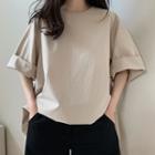 Elbow-sleeve Plain T-shirt Khaki - One Size