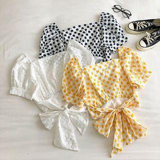 Floral Square-neck Puff-sleeve Lace-up Top