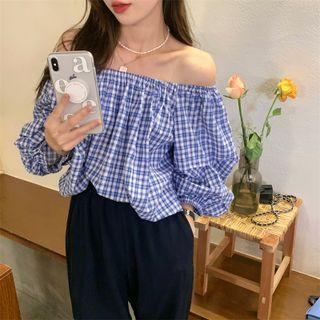 Puff-sleeve Off-shoulder Gingham Blouse / Dress Pants