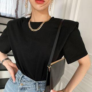Short-sleeve Padded-shoulder Plain T-shirt