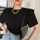 Short-sleeve Padded-shoulder Plain T-shirt