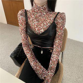 Long-sleeve Floral T-shirt / Faux Leather Camisole Top