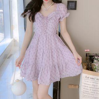 Puff-sleeve Square-neck Floral Printed Mini Dress