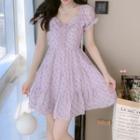 Puff-sleeve Square-neck Floral Printed Mini Dress