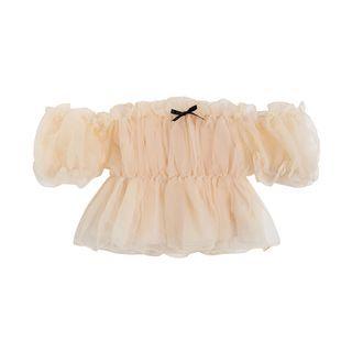 Off-shoulder Puffy Mesh Crop Top