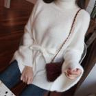 Turtle-neck Slit-sleeve Knit Top With Sash