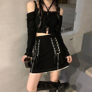 Long-sleeve Cold Shoulder Lace Trim Crop Top / Lace-up Mini Fitted Skirt