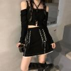 Long-sleeve Cold Shoulder Lace Trim Crop Top / Lace-up Mini Fitted Skirt