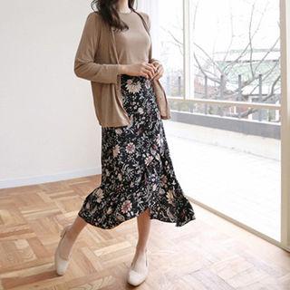 Band-waist Floral Long Skirt