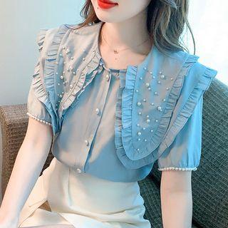 Short-sleeve Collar Ruffled Chiffon Blouse