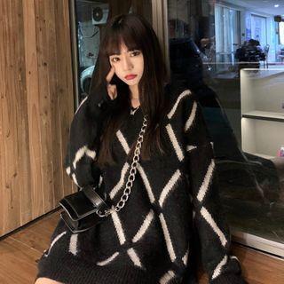 Long-sleeve V-neck Argyle Sweater As Shown As Figure - One Size