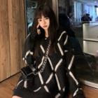 Long-sleeve V-neck Argyle Sweater As Shown As Figure - One Size