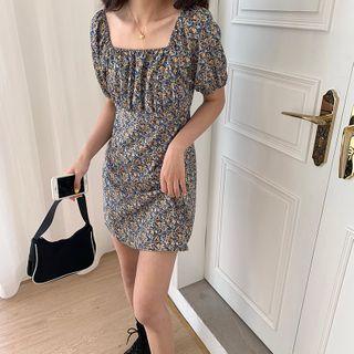 Floral Puff-sleeve Square-neck Mini A-line Dress