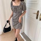 Floral Puff-sleeve Square-neck Mini A-line Dress