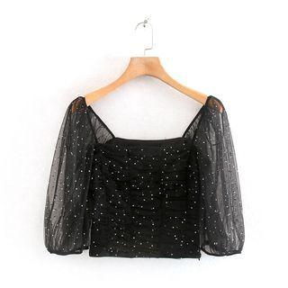 Elbow-sleeve Mesh Cropped Blouse