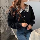 Lace Collar Long-sleeve Blouse Black - One Size