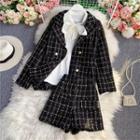 Set: Gingham Tweed Blazer + Shorts + Bow-neck Shirt