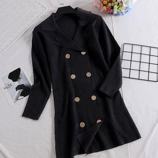Long-sleeve Double-breasted Knit Coat Dress Black - One Size