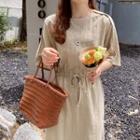 Round-neck Drawstring-waist Linen Blend Dress