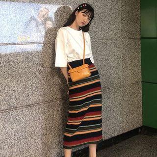 Embroidered Short-sleeve T-shirt / Striped Midi Skirt