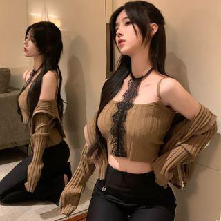 Strappy Lace Trim Camisole Top / Cropped Cardigan