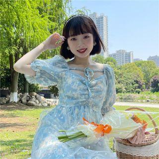 Sort-sleeve Heart Print A-line Dress Floral - Blue - One Size