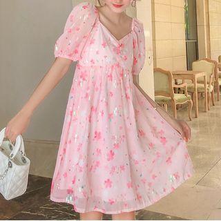 Puff Sleeve Short-sleeve Floral Mini Sheath Dress