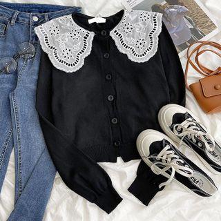 Long-sleeve Lace Panel Peter Pan Collar Knit Cardigan Black - One Size