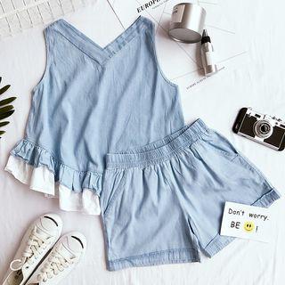 Set: Ruffle Sleeveless Tank Top + Washed Denim Shorts