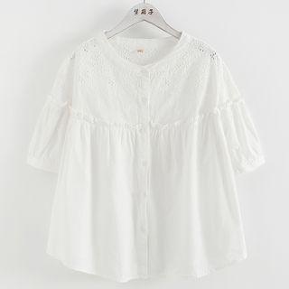 Short-sleeve Eyelet Button-up Blouse White - One Size