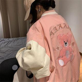 Lettering Bear Embroidered Baseball Jacket