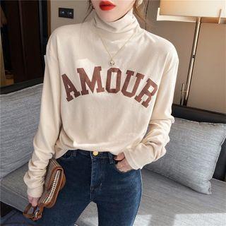 Long-sleeve Lettering Turtle Neck T-shirt