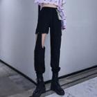 Detachable-sleeve Cropped Chinese Character Print T-shirt / Cutout Sweatpants / Set