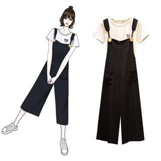 Set: Short-sleeve Embroidered Puppy T-shirt + Wide-leg Cropped Jumper Pants