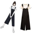 Set: Short-sleeve Embroidered Puppy T-shirt + Wide-leg Cropped Jumper Pants