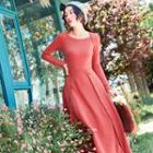 Knit Button Accent Long-sleeve Midi A-line Dress