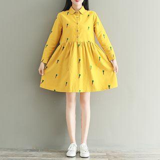 Carrot Print Long-sleeve A-line Shirt Dress