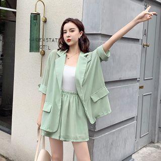 Set: Elbow-sleeve Single-breasted Blazer + Shorts