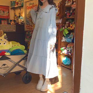 Long-sleeve Collared Tiered Midi A-line Dress