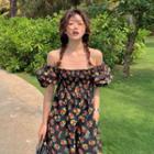 Puff-sleeve Off-shoulder Floral Print Midi A-line Dress