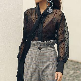 Lantern-sleeve Dotted Mesh Top