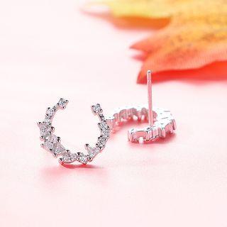 925 Sterling Silver Rhinestone Moon Stud Earring 1 Pair - As Shown In Figure - One Size