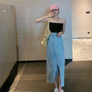 Tie-front Bandeau / Midi A-line Denim Skirt